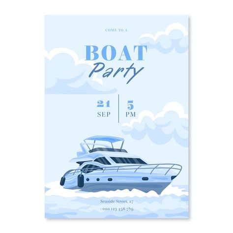 Boat Poster Design, Boat Party Invitations, Boat Graphic Design, Yacht Party Invitation, Boat Party Theme, Twenty Fine, Boy Party Invitations, Boat Theme, Theme Nights