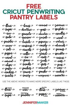 Free Pantry Labels for Cricut | Penwriting Script Jennifer Maker Svg, Cricut Joy Labels, Cricut Labels, Cricut Joy Projects, Cricuit Joy, Diy Pantry Labels, Free Pantry Labels, Free Pantry, Jennifer Maker