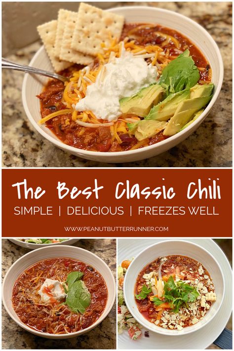 A recipe for the best classic chili! A basic mix of ground beef, onions, tomatoes, beans and spices that's chock full of depth and flavor. Hearty, comforting and so simple to prepare! The Best Classic Chili Recipe, Chili Beans Recipe Easy, Chili Bowl Recipe, The Best Classic Chili, Simple Chili Recipe, Old Fashioned Chili Recipe, Runner Recipes, Best Chilli, Basic Chili