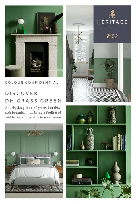 Dulux Heritage Grass Green, Grass Green Paint Colors, Dulux Green Paint, Green Decor Ideas, 1920 House, Luxury Ideas, Victorian Living Room, Hallway Inspiration, 1930s House