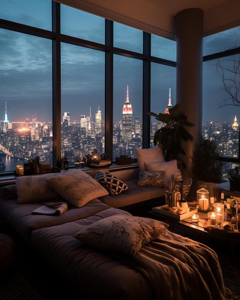 Furkan Gülle (@cozywonderspots) • Instagram photos and videos Nyc Penthouse Living Room, New York Bedroom Ideas, Nyc Penthouse Luxury, New York Living Room, Cozy Penthouse, Dream Bedroom Luxury, New York Aesthetic City Apartments, Penthouse Aesthetic, Windows Style