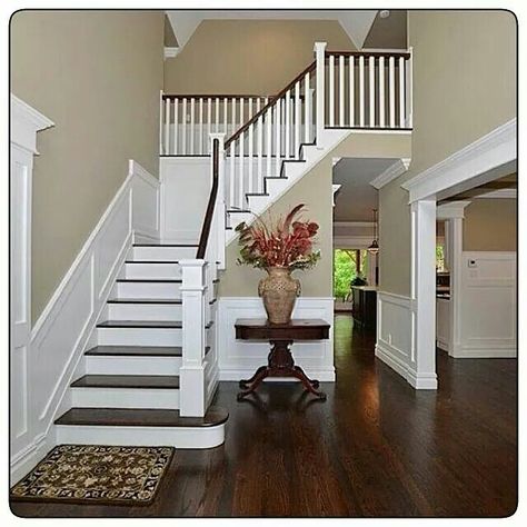 Love it L Shaped Staircase Foyer Entryway, L Shape Staircase, L Shaped Staircase, Curved Staircase Foyer, Foyer Mudroom, Entrance Stairs, Staircase Foyer, Wainscoting Staircase, Wainscoting Ideas