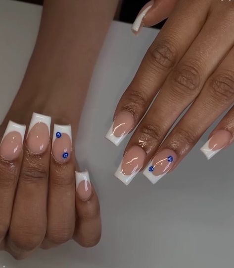 Holiday Nails Summer Acrylic French Tip, Nail Ideas Acrylic Blue And White, Chavvy Nail Ideas, Holiday Nails Evil Eye, Summer Nails French Tip Square, French Tip Acrylic Nails Evil Eye, Turkey Nails Acrylic, Holiday Nails Turkey, Greece Nail Ideas Square