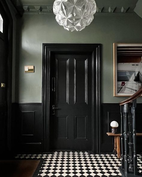 My hallway for #transformationtuesday Swipe for the before Design @helloflorauk Door Panelling, Green Woodwork, Card Room Green, Black Hallway, Green Hallway Ideas, Card Room, Hallway Makeover, Hallway Colours, Georgian Interiors