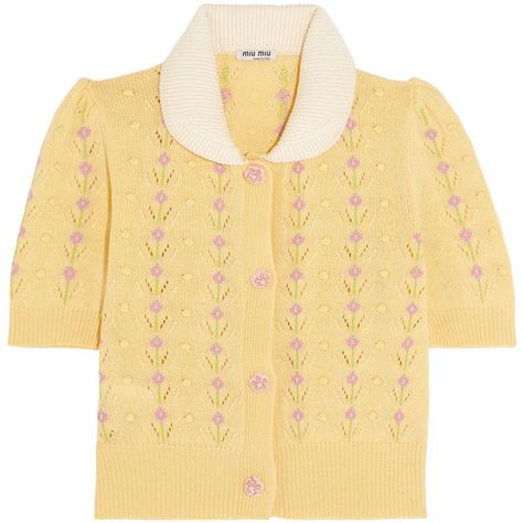 Miu Miu Pointelle-trimmed cashmere cardigan ($1,475) ❤ liked on Polyvore featuring tops, cardigans, pastel yellow, miu miu cardigan, button top, beaded tops, floral print cardigan and floral tops Pastel Cardigan, Pastel Tops, Fitted Tops, Beaded Cardigan, Yellow Cardigan, Pastel Yellow, Cardigan Top, 가을 패션, Cashmere Cardigan