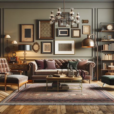 The room should feature a mix of classic and modern elements. The walls can be muted in color, accented with antique picture frames. The furniture should include a modest-sized velvet sofa situated near a mid-century coffee table. One corner of the room can feature an industrial-style floor lamp next to a bookshelf filled with well-curated vintage books. Wooden accents should be abundant across the room, with preferably a large, ornate area rug spread out on a polished wooden floor. Chesterfield Sofa Living Room Ideas, Grey Chesterfield Sofa, Chesterfield Sofa Living Room, Sofa Living Room Ideas, Vintage Chesterfield Sofa, Velvet Chesterfield Sofa, Ornate Frames, Classic Lighting, Plush Sofa