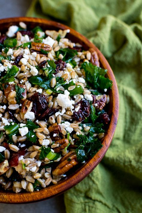 Roasted Butternut Squash Kale Salad With Farro And Goat Cheese, Fall Farro Salad, Farro Salad Recipes, Farro Recipes, Farro Salad, Goats Cheese, Grain Salad, Vegetarian Burger, Autumn Salad