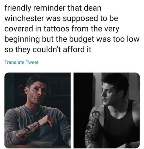 Covered In Tattoos, Supernatural Lucifer, Supernatural Facts, Supernatural Baby, Supernatural Drawings, Supernatural Tattoo, Winchester Supernatural, Supernatural Memes, Supernatural Dean