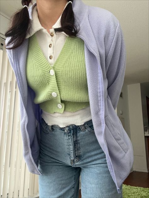 Blue Cottagecore Outfit, Colorful Academia Outfit, Light Academia Blue, Pastel Academia Aesthetic, Pastel Academia Outfit, Pastel Aesthetic Clothes, Green And Purple Outfit, Purple Academia, Academia Outfits Aesthetic