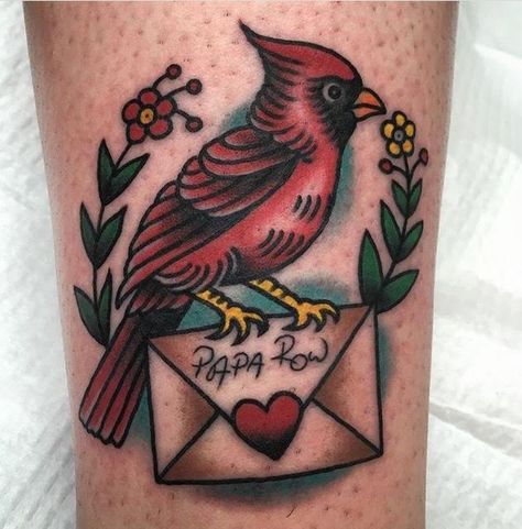 Cardinal Remembrance Tattoos, Traditional Style Memorial Tattoo, Cardinal Tattoo American Traditional Black And White, Traditional Cardinal Tattoo Black, Cardinal Tattoo Traditional Style, Vintage Cardinal Tattoo, American Traditional Dove Tattoo, American Traditional Memorial Tattoo, Traditional Tattoo Memorial