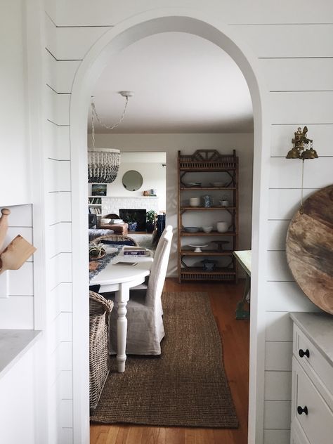 Life Lately: Hanging Around The House - The Inspired Room. Shiplap kitchen walls with arch Shiplap Arched Wall, Shiplap Around Arched Doorway, Add An Archway, Arch To Kitchen, Shiplap Archway, Archway Between Kitchen And Living Room, Kitchen With Archway, Interior Archway, Stair Moulding