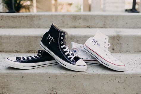 Mr and Mrs wedding shoes Mr And Mrs Converse, Mr And Mrs Shoes, Matching Wedding Converse, Wedding Converse Bride And Groom, Groom Converse, Wedding Converse Bride, Converse Hightop, Dress With Converse, Navy Converse