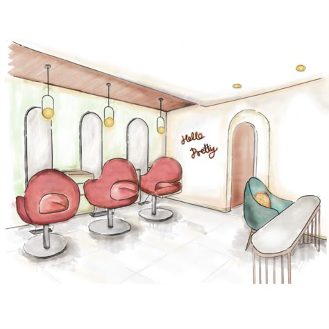 Beuty salon interior design Interior Design Assignments, Makeup Studio Interior Design, Interior Design Sketching, Makeup Studio Interior, Salon Drawing, Floorplan Ideas, Hair Salon Interior Design, Hair Salon Chairs, Interior Design Sketchbook