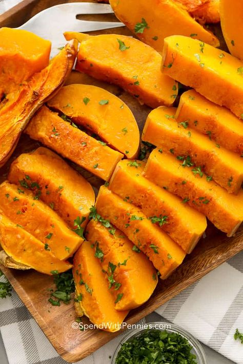 This baked butternut squash is made in the oven with butter, cinnamon, and brown sugar to create an easy fall side dish that takes almost no prep. We love easy butternut squash in the oven with roast dinner! #spendwithpennies #squash #bakedbuternutsquash #roastedsquash #butternutsquash #easybutternutsquash #ovenbakedsquash #bakedsquash Recipes For Butternut Squash, Butter Squash Recipe, Butter Squash, Oven Roasted Butternut Squash, Butternut Recipes, Easy Butternut Squash, Spaghetti Squash Casserole, Baked Butternut Squash, Spaghetti Pie