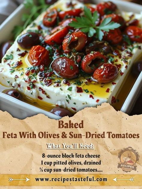 Baked Feta Olive Dip, Grandma Cooking, Catering Ideas Food, Olive Recipes, Grandmas Recipes, Mediterranean Dishes, Sun Dried, Easy Delicious Recipes, Sun Dried Tomato