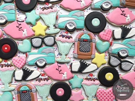 50s Cookies, Retro Cakes, No Bake Sugar Cookies, Rockstar Birthday, Rockstar Birthday Party, Car Cookies, Dance Party Birthday, 60s Party, 50s Party