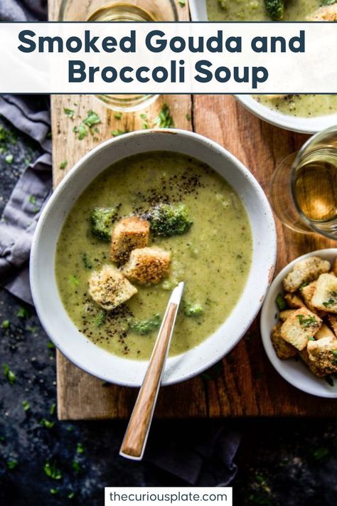 Enjoy a delicious and healthy-ish soup any time of the year with Smoked Gouda Broccoli Soup! Topped with Garlic Cheese Croutons, it's a delightful treat. Smoked Gouda Soup, Soup Dinner Ideas, Gouda Soup, Broccoli And Cheese Soup, Cheese Croutons, Hearty Dinner Recipes, Garlic Cheese, Smoked Gouda, Broccoli Soup