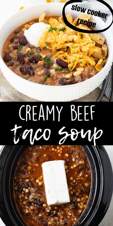 Creamy taco soup is made with ground beef and cream cheese. It's loaded with kidney beans, black beans, corn, green chilis, and tomato sauce. Add cream cheese and heavy cream to make it extra decadent and creamy. A hearty and flavorful soup made in the slow cooker or the stovetop. Crockpot Taco Soup With Cream Cheese, Taco Soup Recipe Crockpot Ground Beef, Creamy Beef Taco Soup Crock Pot, Crockpot Cream Cheese Recipes, Crockpot Creamy Taco Soup, Beef Taco Soup Crockpot, Easy Crockpot Meals Ground Beef, Taco Soup Cream Cheese, Best Taco Soup Recipe Crockpot