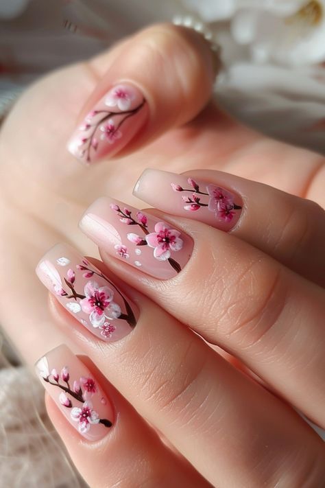 Cherry Blossom Nails Design, Uñas Coquette, Pink Flower Nails, Pink Nail Art Designs, Cherry Blossom Nails, Simple Spring Nails, Easter Nail Designs, Floral Nail Designs, Cute Spring Nails