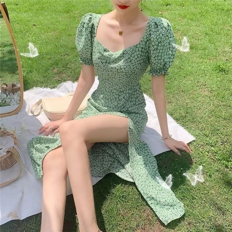 Summer Floral Dress Women French Style Puff Sleeve Chiffon Split Fairy Dress Sexy Elegant Korean Style Clothes New Arrival 2020 _ - AliExpress Mobile Floral Dress Fashion, Bohemia Dress, Long Skirt Casual, French Women Style, Green Floral Dress, Korean Dress, Fairy Dress, Puffed Sleeves Dress, Looks Vintage