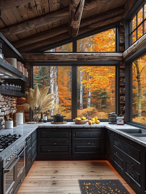 Canadian Homes Interiors, Wooden Cabin Kitchen, Yellowstone Inspired Home, Homes In Oregon, Cottage In Woods Aesthetic, Pnw Cabin Interior, Log Cabin Kitchen Remodel, Simple Living Home, Homey House Aesthetic