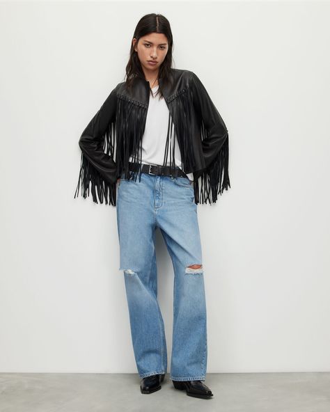 Reema Fringed Leather Tassel Jacket Black | ALLSAINTS US Outsidelands Outfit, Fringe Jacket Outfit, Tassel Jacket, Fringe Clothing, Jackets Summer, Fringe Leather Jacket, Leather Jacket Outfits, Fringe Jacket, Jacket Outfit