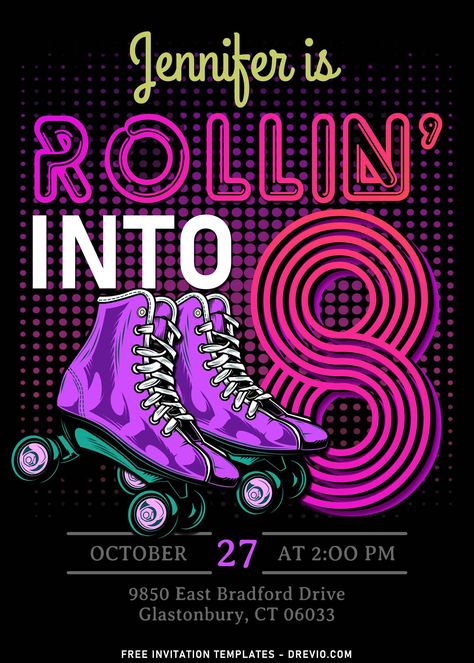 Get 9+ Retro Roller Skating Birthday Invitation Templates What’s the hottest party right now? Whopps! That would be Roller Skating Party! The answer is quite surprising for some people, but for kids, their birthday is a great time to spend their time t... Download this invitation for FREE at https://www.drevio.com/retro-roller-skating-birthday-invitation-templates Roller Skating Party Invitations Free Printable, Roller Skating Invitations, Retro Roller Skating, Roller Skating Birthday Invitations, 80s Birthday, Roller Skate Birthday, Roller Skating Party, Skating Party, Diy Kids Games