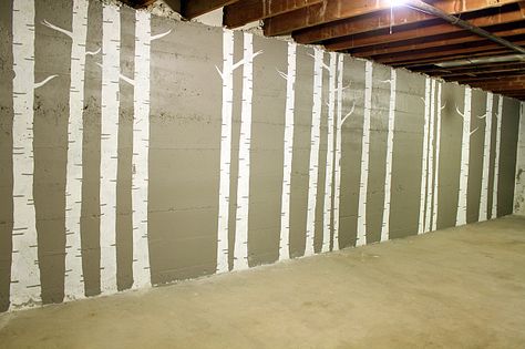 unfinished basement...DIY birch tree forest mural Diy Birch Tree, Birch Tree Mural, Birch Tree Forest, Wall Concrete, Cinder Block Walls, Wall Murals Diy, Brick Interior, People In Love, Wall Painting Techniques