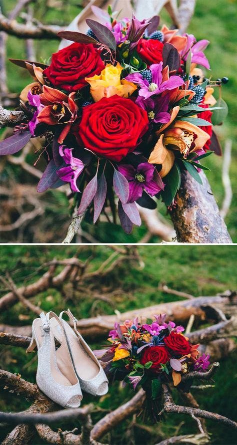 Red and yellow bouquet Red Purple Yellow Bouquet, Carnival Moodboard, Rustic Wedding Attire, Enchanted Wedding Theme, Rustic Wedding Decor Diy, Purple Wedding Decorations, Wedding Flower Ideas, Minted Wedding Invitations, Rustic Wedding Showers