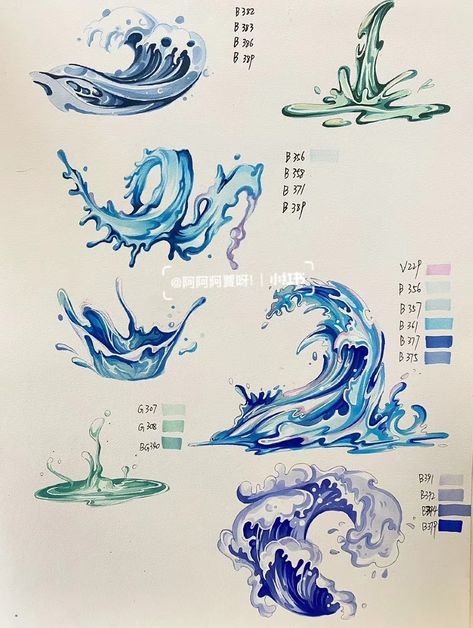 Water Splashing Drawing, Water Splash Painting, Water Reference Drawing, Water Effect Drawing, Water Marker Art, Water Splash Tattoo, Water Texture Illustration, Water Drawing Reference, Water Texture Drawing