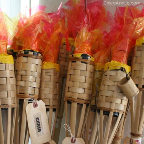 Diy Torches, Castle Vbs, Survivor Theme, Survivor Idea, Survivor Challenges, Kingdom Vbs, Fake Fire, Survivor Party, Homecoming Floats