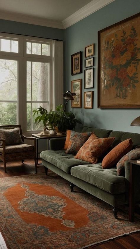 Living Room Brown Color Schemes, Green And Rust Living Room, Warm Tones Living Room, Green Couch Living Room, Moody Living Room, White Couches, Cosy Living Room, Casa Vintage, Colourful Living Room