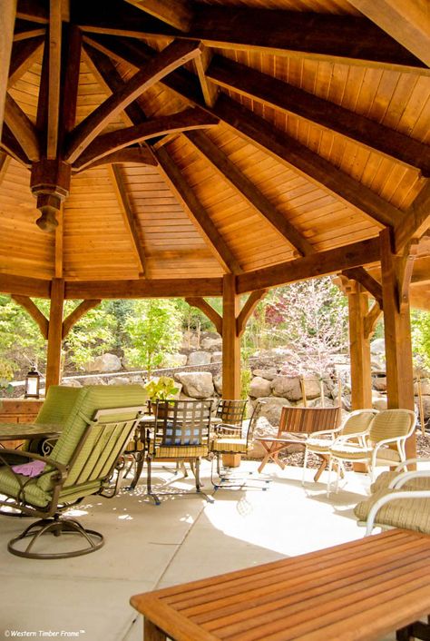 Gazebo with outdoor furniture Timber Gazebo Ideas, Gazebos And Pergolas Outdoor Pavilion Garden Structures, Circular Gazebo Design Outdoor, Octagon Pavilion, Timber Frame Gazebo, Gazebo Roof, Timber Pergola, Gazebo Plans, Shiplap Ceiling