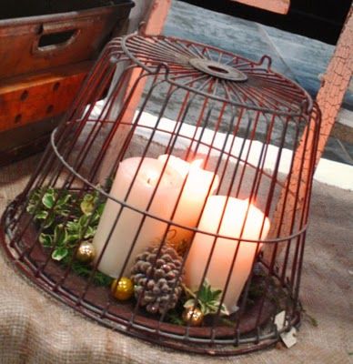 Super cute idea!  There's one of these egg baskets available right now!  (6/27/12) Egg Baskets, Candle Basket, Basket Lighting, Egg Basket, Wire Basket, Tree Wedding, Primitive Christmas, Wire Baskets, Country Christmas