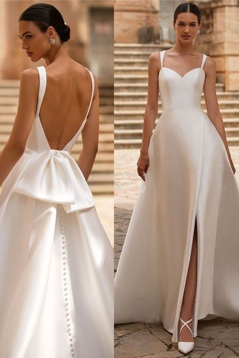 Graceful and refined, this Mikado A-line wrap wedding dress embodies timeless elegance. Its exquisite design features a captivating bow detail adorning the back, adding a touch of sophistication to your special day. Feel effortlessly beautiful and poised as you walk down the aisle in this stunning gown. #weddingdress #bowdetail #weddingdressideas A Line Mikado Wedding Dress, Bows On Wedding Dresses, Simple Wedding Dress With Bow, Wedding Dress Back Design, Timeless Elegant Wedding Dress, Raw Silk Wedding Dress, Wedding Dress Mikado, Modern Wedding Dresses Minimalist, Sophisticated Wedding Dress