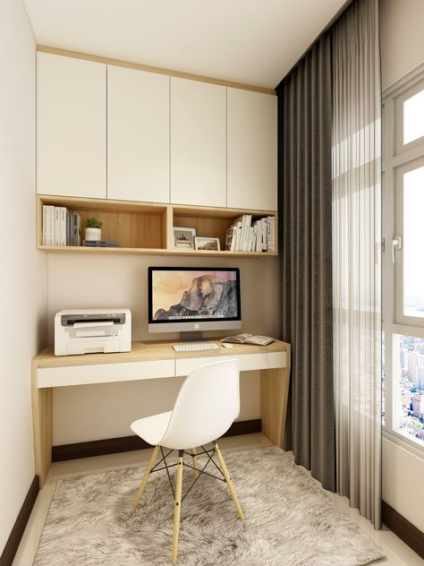 Transform a small space into a home office or study room. This modern Scandinavian inspired design for a study room maximises desk space with custom built carpentry, shelves and cabinet for storage space. Decor is kept to a mimimum for a distraction free zone. Modern Scandinavian Interior by Designer Teo Jia Yi. See final pictures on our website. Study Table With Cabinet Storage, Cabinet For Study Room, Muji Study Room, Scandinavian Interior Small Spaces, Study Cabinet Design, Scandinavian Study Table, Office Cabinet Design Modern, Cabinet With Study Table, Office Table Design Small Spaces