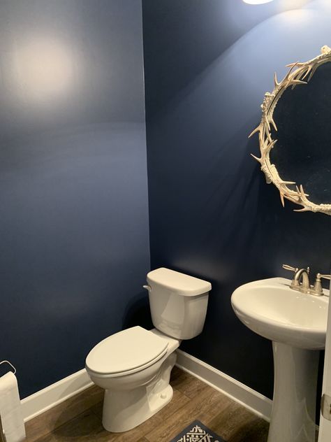 Indigo Sherwin Williams, Sw Indigo Batik Cabinets, Indigo Batik Sherwin Williams Bathroom, Sw 7602 Indigo Batik, Indigo Batik Sherwin Williams, Behr Indigo Ink, Navy Powder Room, Sw Indigo Batik Coordinating Colors, Indigo Blue Paint