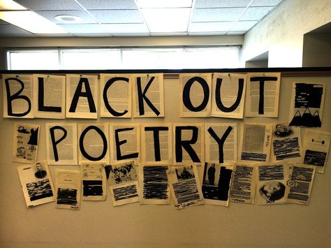 Blackout Poetry Poetry Night Decorations, Poetry Club, Blackout Poetry, Book Cafe, Library Decor, Library Displays, Poetry, Novelty Sign