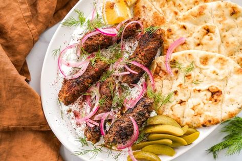 These Beef Koftas are bursting with flavour. Beef Koftas, Beef Kofta, Pickled Red Onion, Harissa Paste, Spiced Beef, Olive Oil Garlic, Toronto Food, Red Chile, How To Cook Beef