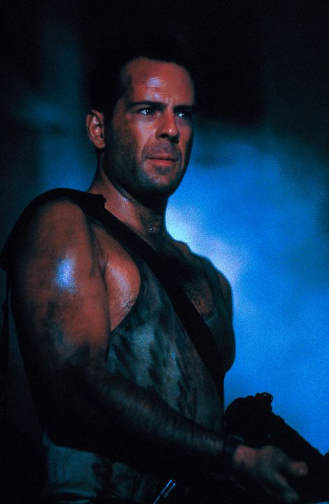 Bruce Willis as John McClane in John McTiernan's Die Hard. (1988) Bruce Willis Die Hard, Bonnie Bedelia, Die Hard 1988, John Mcclane, Lights Camera Action, 80s Movies, Alan Rickman, Bruce Willis, Movie Stills