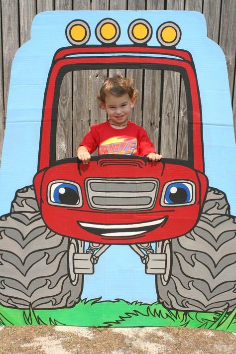 Blaze Truck photo cardboard prop Diy Monster Truck Photo Prop, Blaze Costume Monster Trucks, Monster Truck Photo Prop, Monster Truck Photo Booth, Monster Truck Birthday Backdrop, Monster Truck Cardboard Cutout, Monster Truck Backdrop, Back To School Crafts For Kids, Blaze Birthday Party