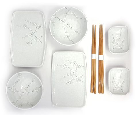 PRICES MAY VARY. 8 pc. Plate & Bowl Set with Chopsticks Cherry blossom design in white color dinnerware set Classic porcelain sushi plates and wasabi dishes. Made in Japan Japanese Plate Set, Asian Dinnerware, Ideas Ceramica, Tvd Dr, Sushi Plates, Show Plates, Japanese Dinnerware, Japanese Things, Pink Dinnerware