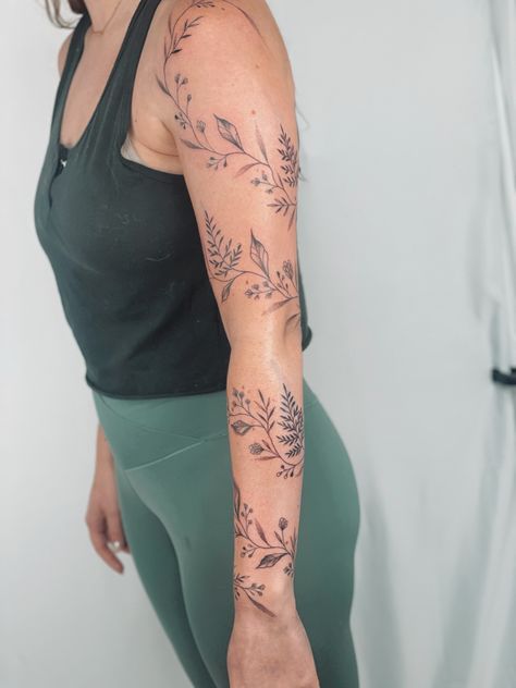 Floral Vine Half Sleeve Tattoo, Vine Upper Arm Tattoos For Women, Full Sleeve Vine Tattoo, Vine Wrapped Around Arm Tattoo Sleeve, Women Tattoos Arm Sleeve, Flower Arm Sleeve Tattoo Stencil, Half Sleeve Vine Tattoos For Women, Dainty Tattoo Arm Sleeve, Vine With Flowers Tattoo Sleeve