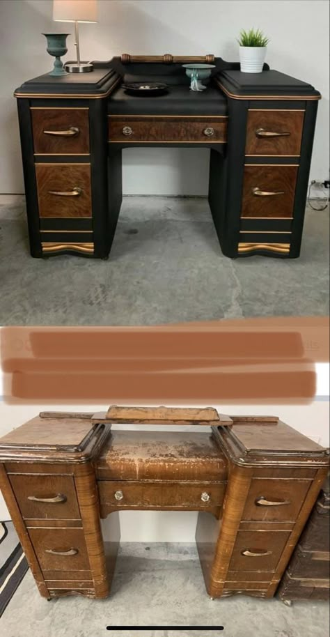 Renovated Antique Furniture, Goodwill Furniture Upcycle, Antique Night Stand Makeover, Flipping Mid Century Furniture, Furniture Makeover Tutorial, Decoupage Headboard Ideas, Antique Flip Ideas, Unique Furniture Upcycle, Upgrade Furniture Diy