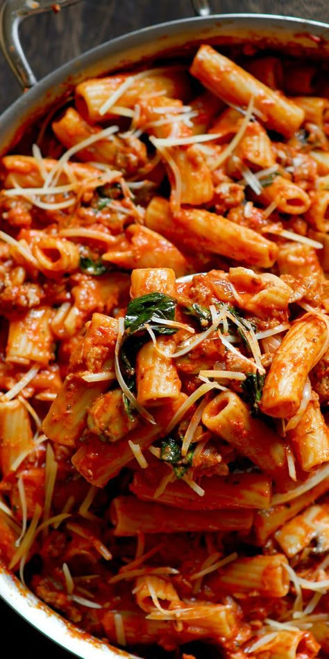 Sausage Rigatoni Pasta in Vodka Cream Sauce (homemade) Sausage Rigatoni Pasta, Vodka Cream Sauce, Pasta Basil, Slow Cooker Recipes Chicken, Basic Foods, Pasta Sausage, Sausage Rigatoni, Vodka Sauce Pasta, Red Pasta