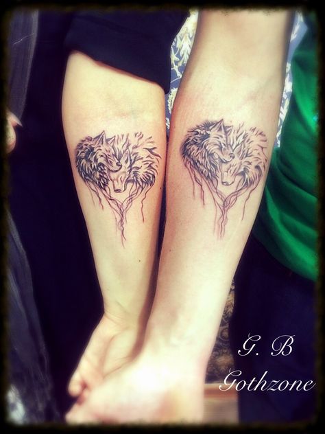 Wolf And Mate Tattoo, Native Couple Tattoos, Mother Son Wolf Tattoo, Couples Wolf Tattoos Love, Wolf Mates Tattoo, His And Her Wolf Tattoos Couple Tat, Wolf Tattoo For Couples, Matching Wolf Tattoos Couples, His And Hers Wolf Tattoos