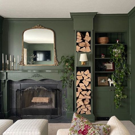 Wood Log Storage Indoor, Indoor Log Storage Living Rooms, Firewood Wall Indoor, Wood For Fireplace Storage, Living Room Log Storage Ideas, Lounge Log Store, Firewood Storage Built In Fireplace, Log Storage Next To Fireplace, Log Store Next To Fireplace