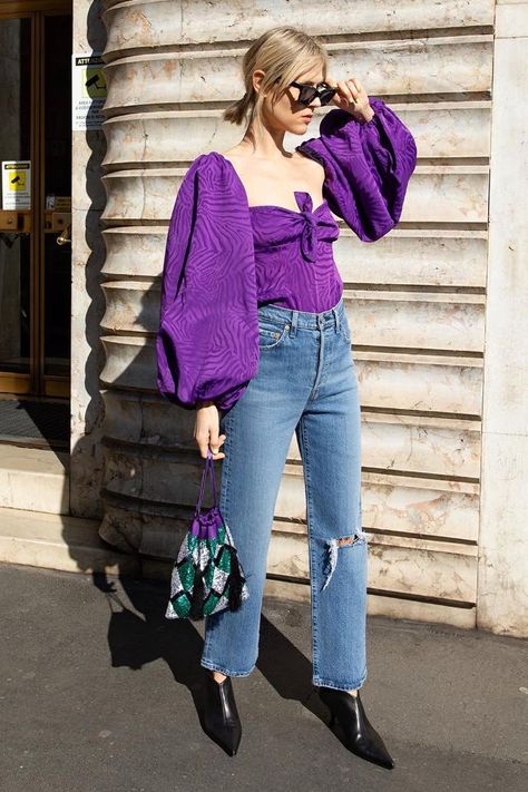 What to wear in March: fancy top and jeans Purple Blouse Outfit, Purple Top Outfit, Linda Tol, New Fashion Clothes, Cool Winter, Fancy Tops, Top Outfit, Purple Top, Nicole Miller