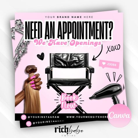 Appointment flyer, Need an appointment, Hair flyer, Hair bundles flyer, hair bookings, book now flyer, bookings flyer, Canva template. Hair Poster Design Ideas, Pre Book Hair Appointments, Hair Deals Flyer, Hair Business Flyer, Hairstylist Flyer Ideas, Canva Flyer Ideas, Hair Flyers Ideas, Hair Poster Design, Hair Logo Design