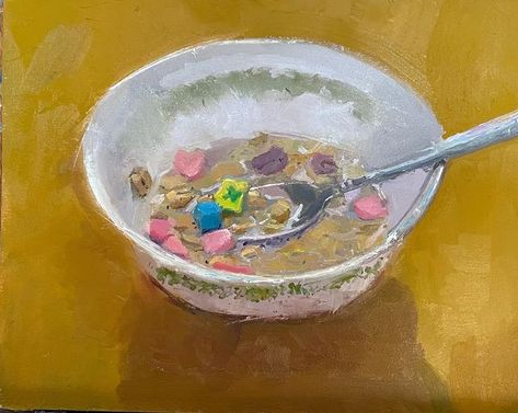 Erin Raedeke on Instagram: "Childhood Breakfast (Lucky Charms), 8” x 10”, oil on panel #luckycharms #corelle #cereal #breakfast #genx #perceptualpainting #stilllifepainting #" Bowl Of Cereal Drawing, Lucky Charm Drawing, Cereal Painting, Cereal Drawing, Cereal Art, Childhood Breakfast, Life Cereal, Cereal Breakfast, Food Paintings